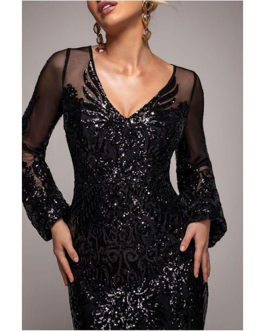 Goddiva Black Embellished Sequin Bishop Sleeve Maxi Dress
