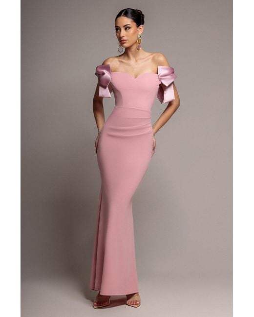 Goddiva Pink Satin Bow Bardot Sheath Maxi Dress