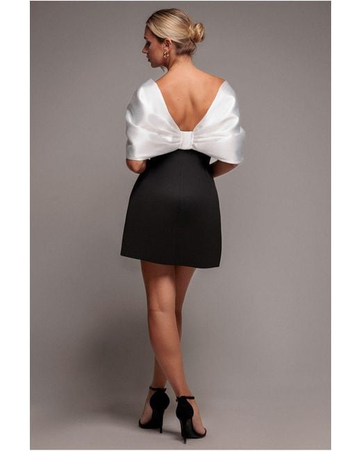Goddiva Black Contrast Off Shoulder Back Satin Bow Scuba Mini Dress