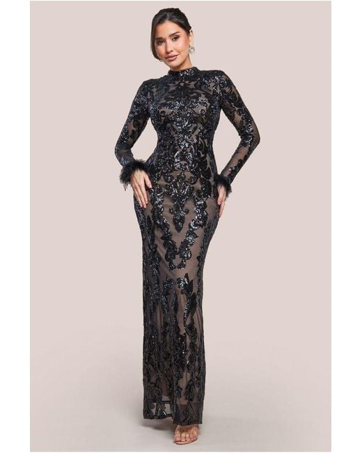 Goddiva Purple Sequin High Neck Feather Cuff Maxi Dress