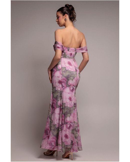 Goddiva Pink Cowl Neck Floral Print Jacquard Chiffon Maxi Dress