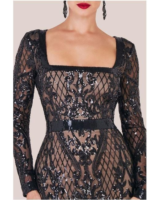 Goddiva Black Sequin Square Neck Maxi With Scallop Hem