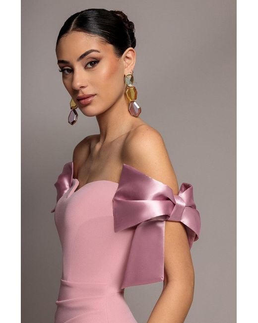 Goddiva Pink Satin Bow Bardot Sheath Maxi Dress