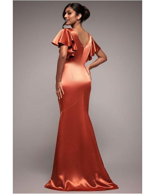 Goddiva Red Satin Flutter Sleeve Mermaid Maxi