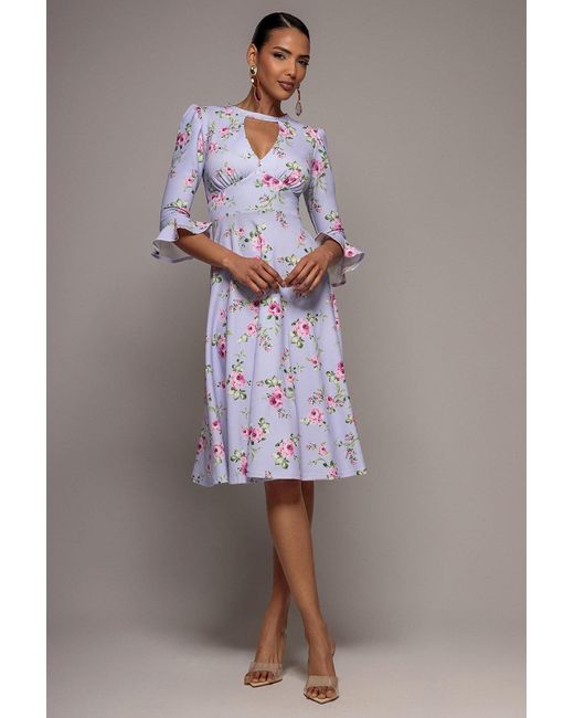 Goddiva Green Floral Printed Flared Sleeve Midi