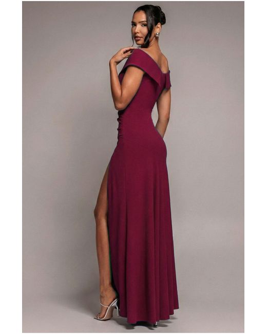 Goddiva Red Scuba Crepe Off Shoulder Front Split Maxi Dress