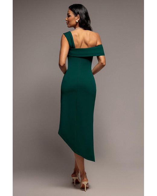 Goddiva Green Off Shoulder Pleated Waist Asymmetric Midaxi Dress
