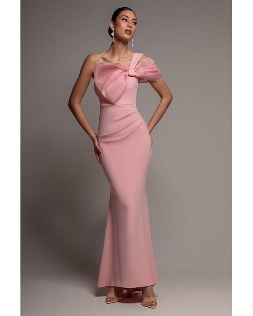 Goddiva Pink Organza Bow One Shoulder Scuba Crepe Maxi Dress