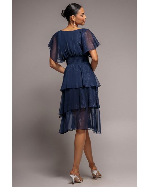 Goddiva Blue Chiffon Layered Flutter Sleeve Midi Dress