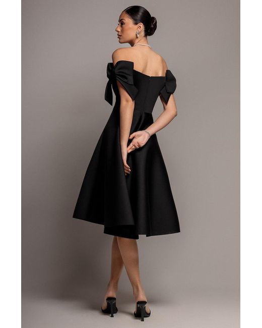 Goddiva Gray Bardot Plunge Neck Bow Sleeve A Line Midi Dress