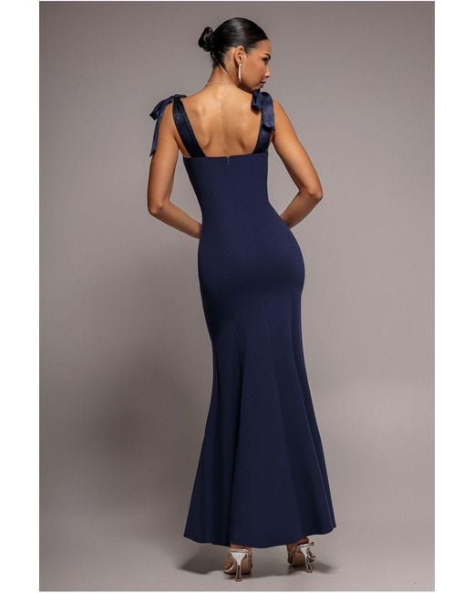 Goddiva Blue Multiway Bow Soft Satin Sweetheart Maxi Dress