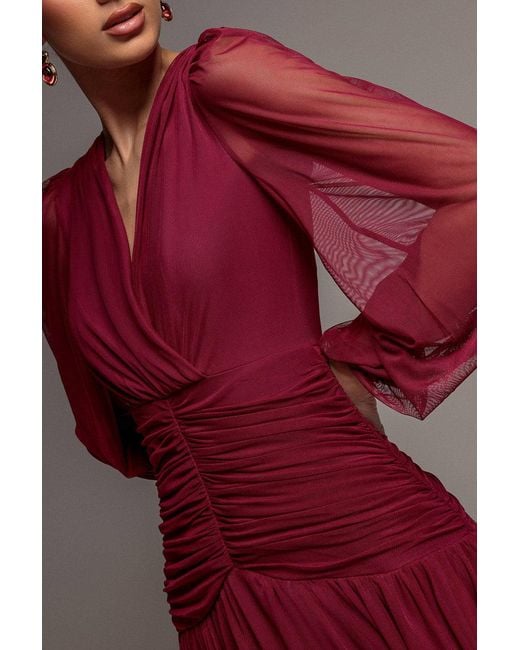 Goddiva Gathered Balloon Sleeve Mesh Maxi Dress