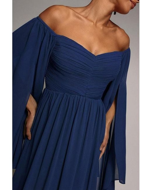 Goddiva Blue Chiffon Off The Shoulder Maxi With Cape Sleeves