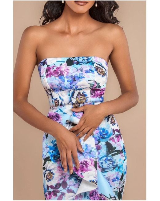 Goddiva Blue Floral Scuba Foam Bandeau Midi Dress