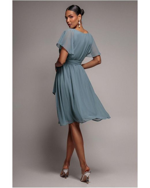 Goddiva Blue Chiffon Flutter Sleeve Wrap Midi Dress