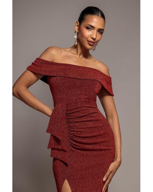 Goddiva Red Sparkle Bardot Maxi With Waterfall Ruffle