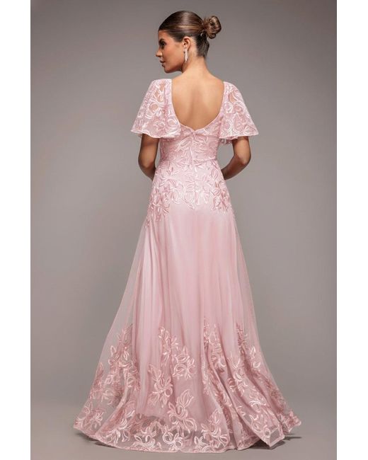 Goddiva Pink Lace Flutter Sleeve Embroidered Mesh A Line Maxi Dress