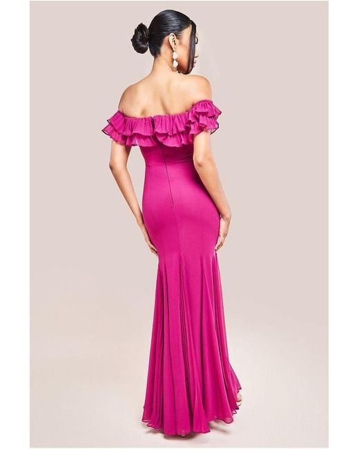 Goddiva Pink Frilled Off The Shoulder Pleated Chiffon Maxi Dress