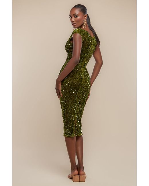 Goddiva Green Multi Sequin & Velvet Bardot Midi Dress