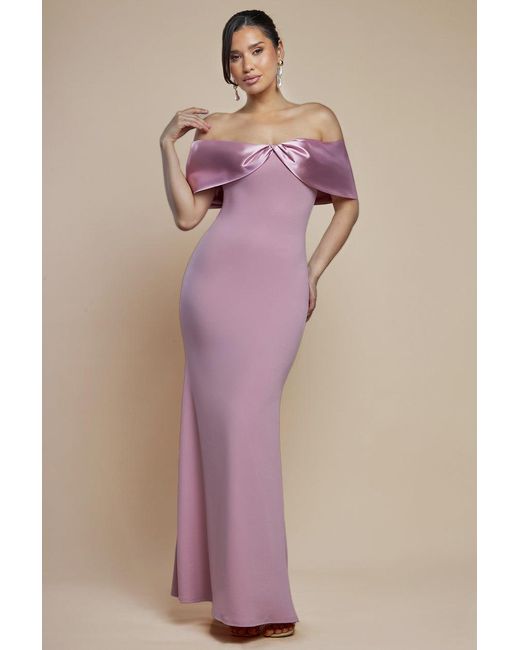Goddiva Pink Twist Knot Satin & Scuba Bardot Maxi Dress