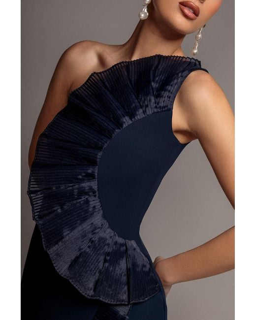Goddiva Blue One Shoulder Pleated Fan Midi Dress