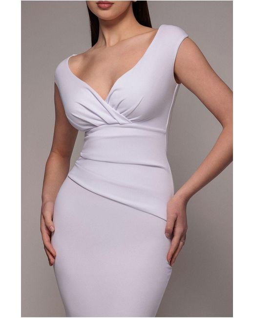 Goddiva Purple Bardot Pleated Maxi Dress