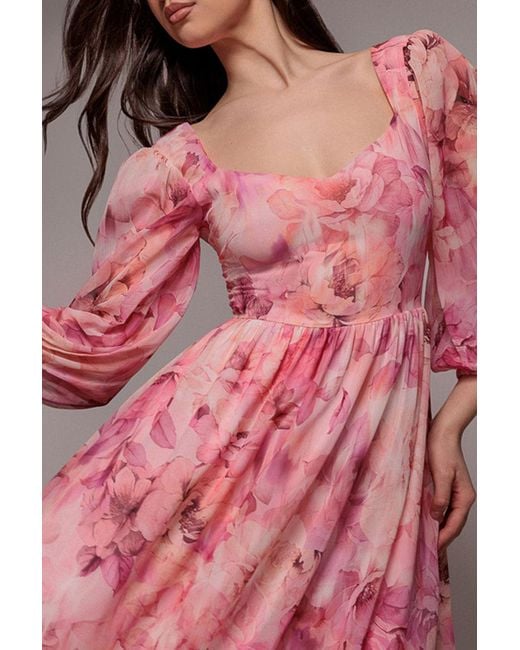 Goddiva Pink Floral Print Shirred Back A Line Maxi Dress