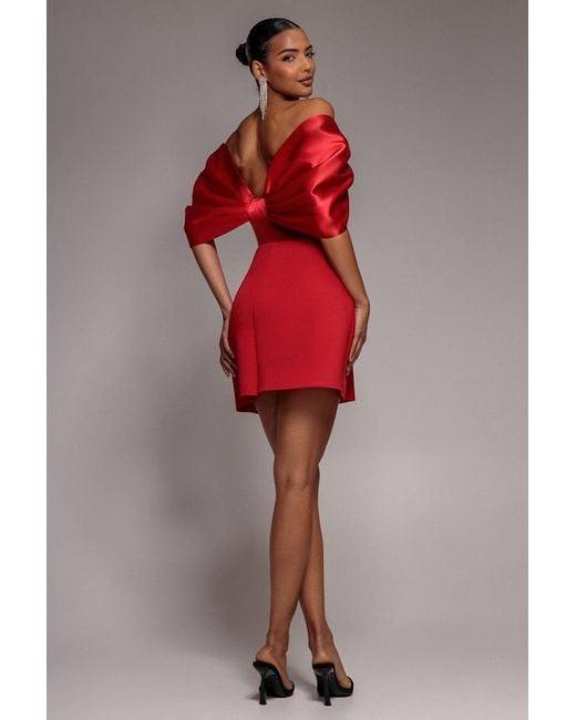 Goddiva Red Off Shoulder Back Satin Bow Scuba Mini Dress