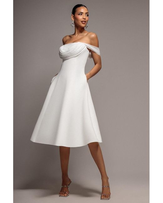 Goddiva Natural Sparkle Chiffon Cowl Bardot Skater Midi Dress