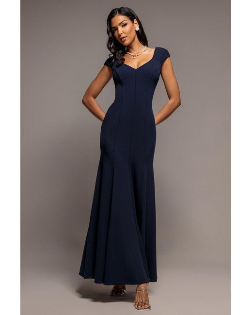 Goddiva Blue Capped Sleeve V Neck Pleated Fit & Flare Maxi Dress