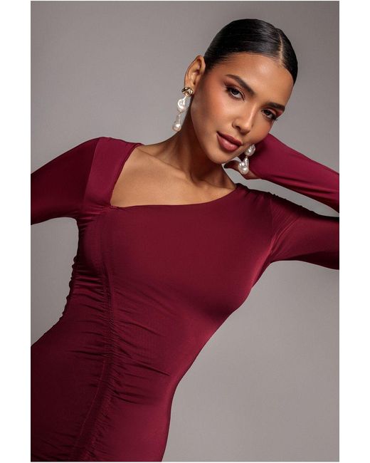 Goddiva Red Asymmetrical Neck Ruched Midi Dress