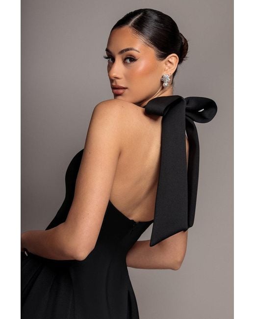 Goddiva Black Corset Fit And Flare Halter Neck Midi Dress