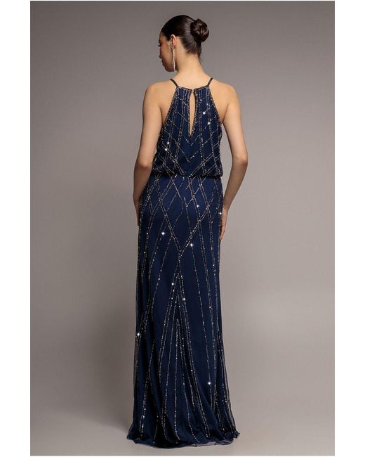 Goddiva Blue Racer Neck Sleeveless Hand Embellished Sequin Maxi Dress