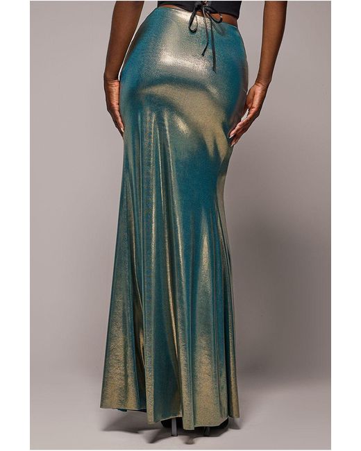 Goddiva Metallic Gathered Front Dipped Waist Foil Maxi Skirt