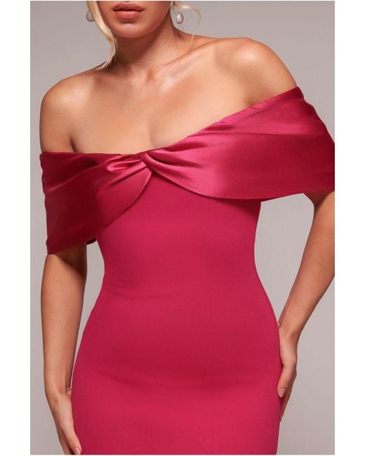 Goddiva Red Twist Knot Satin & Scuba Bardot High Low Midi Dress