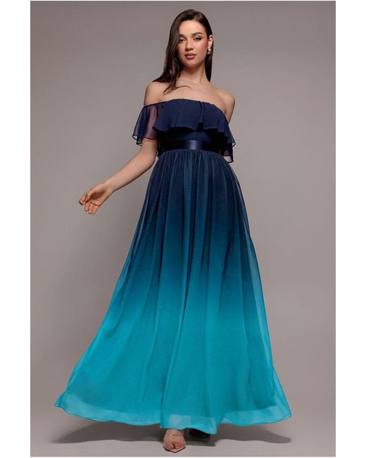Goddiva Blue Ombre Chiffon Bardot Frill A-Line Maxi Dress
