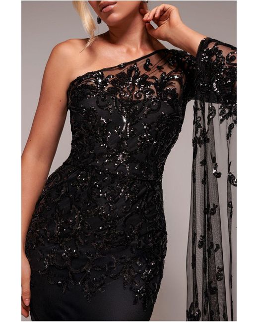 Goddiva Black Sequin Mesh One Shoulder Evening Maxi