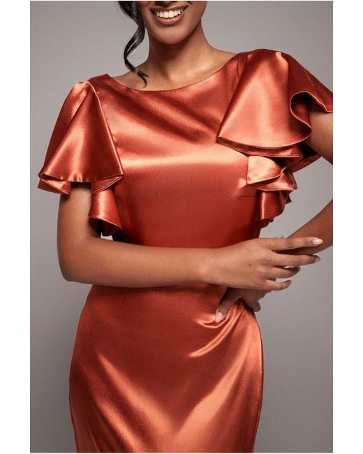 Goddiva Red Satin Flutter Sleeve Mermaid Maxi