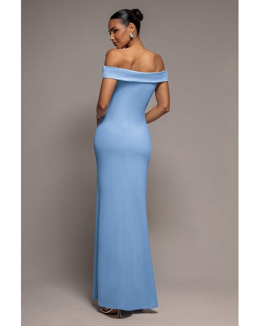 Goddiva Blue Off The Shoulder Maxi Dress With Split