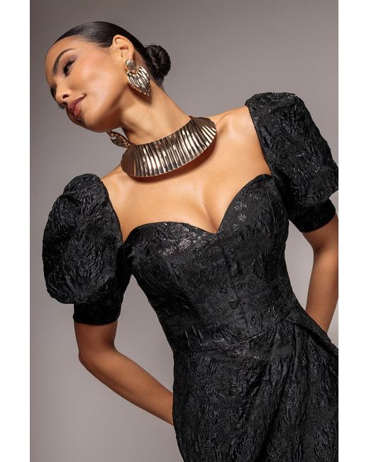 Goddiva Black Puff Sleeve Sweetheart Midi Dress
