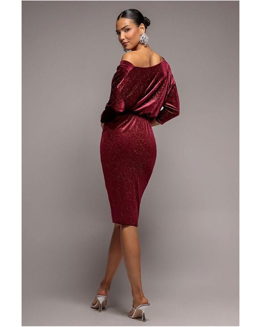 Goddiva Red Glitter Velvet Cowl Neck Sheath Midi Dress