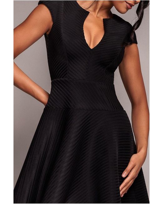 Goddiva Black Cap Sleeve Textured Skater Asymmetric Midi Dress