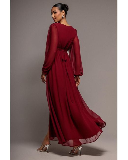 Goddiva Red Wrap Back With Front Slit Chiffon Maxi Dress