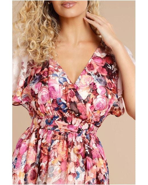 Goddiva Pink Floral Flutter Sleeve Wrap Midi Dress