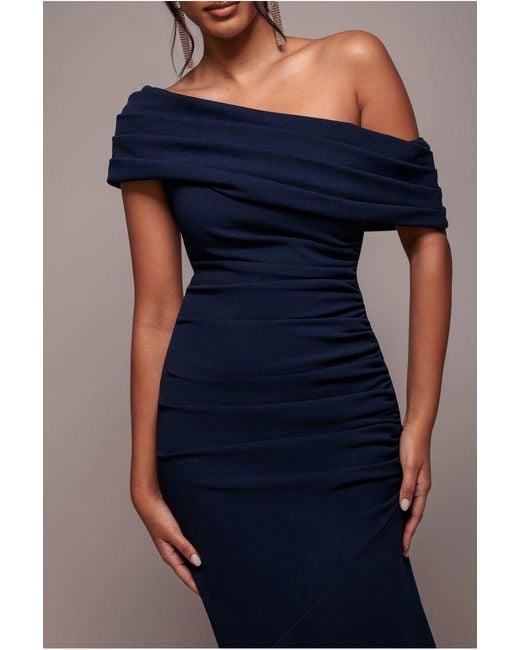Goddiva Blue Pleated One Shoulder Bardot Fit And Flare Maxi Dress