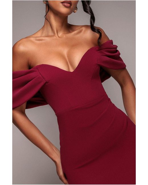 Goddiva Red Off The Shoulder Draped Sleeve Maxi Dress