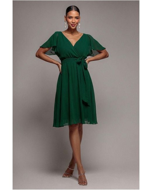 Goddiva Blue Sustainable Flutter Sleeve Chiffon Wrap Midi Dress