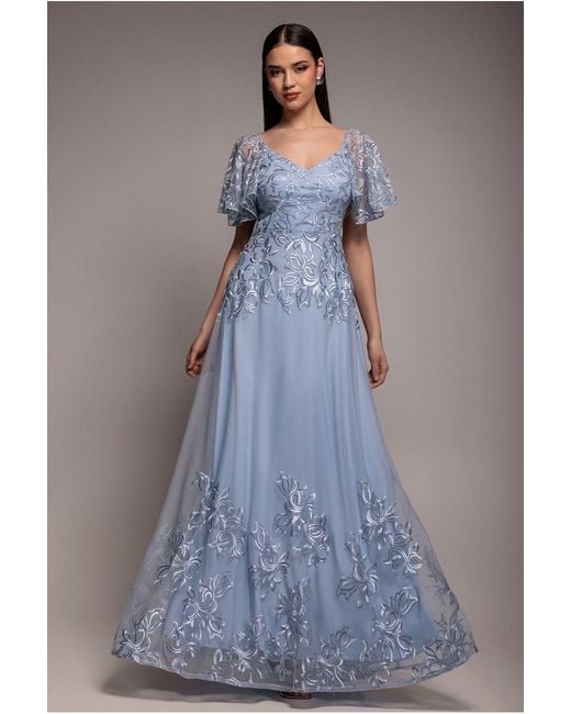 Goddiva Blue Lace Flutter Sleeve Embroidered Mesh A Line Maxi Dress
