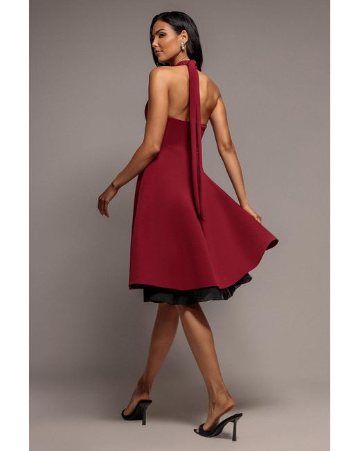 Goddiva Red Contrast Organza Frill Bow Back Halter Midi Dress