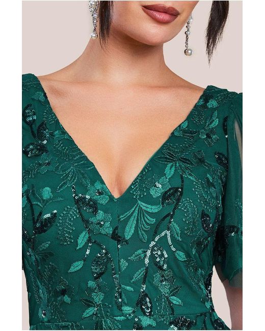 Goddiva Flared Sleeve Embroidered Maxi Dress in Green | Lyst UK